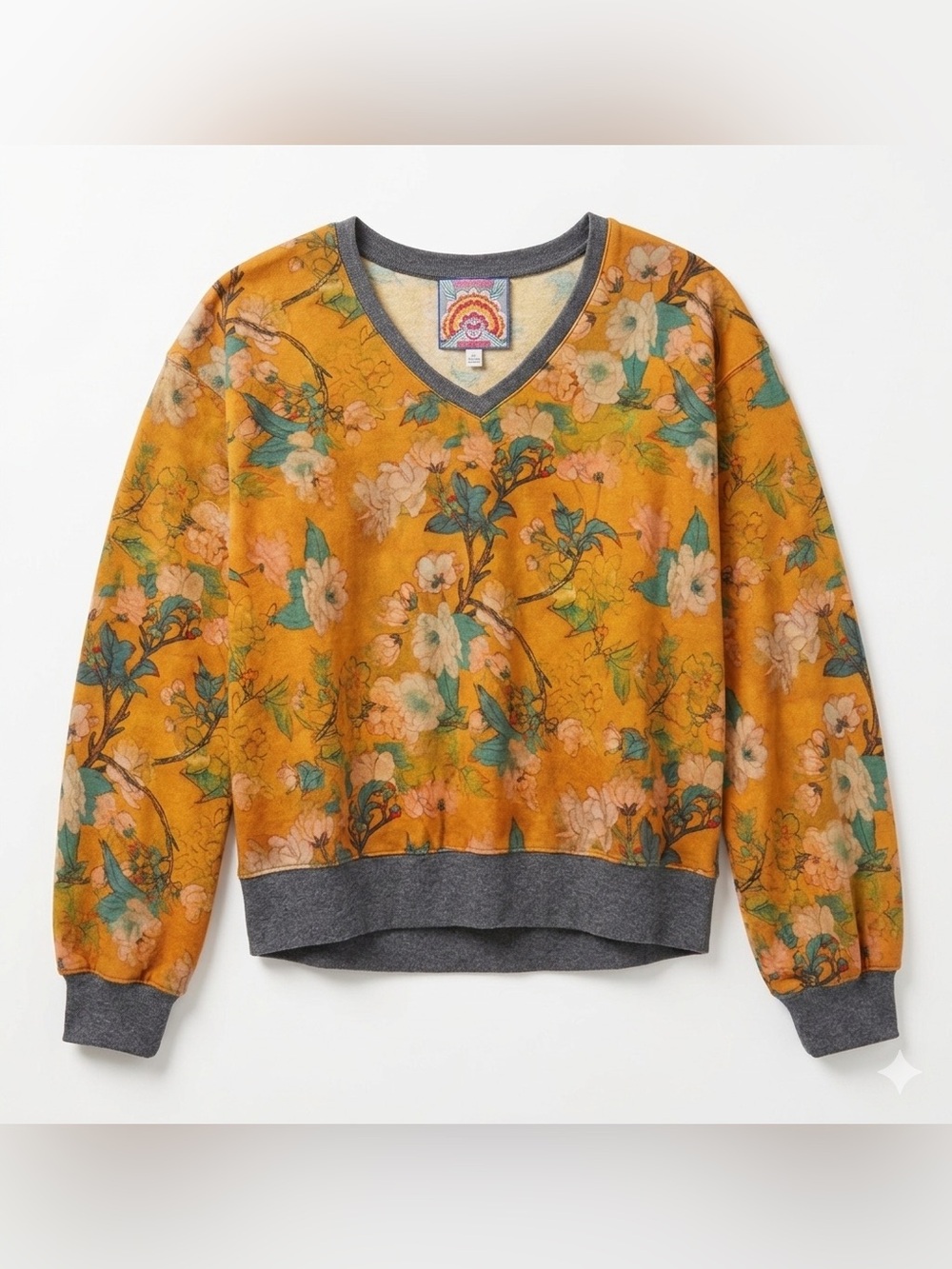 Johnny Was Floral V-Neck Sweater - Orange and Gray